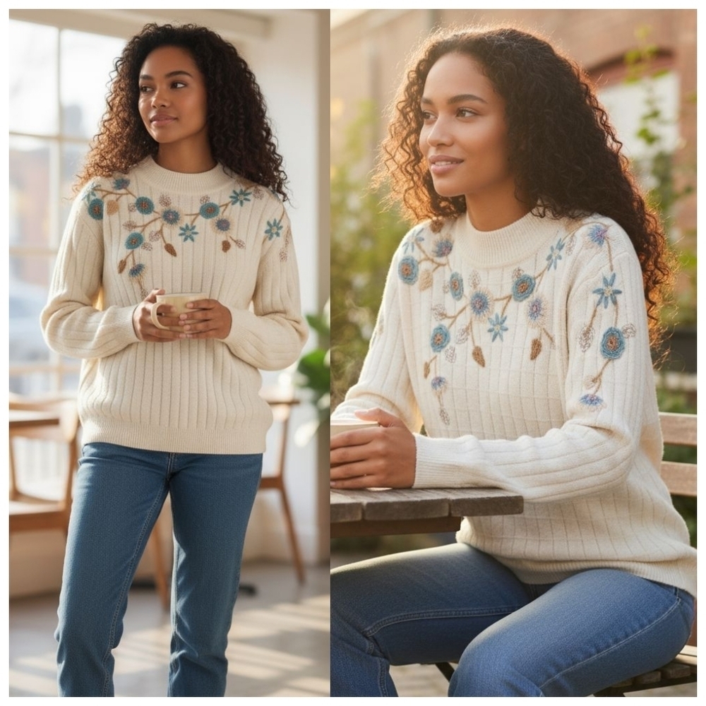 Alfred Dunner Cream Crew Neck Sweater Floral Embroidery Womens Sz Large Vintage